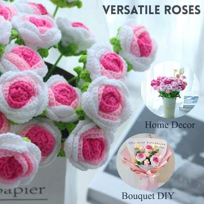1/3/6/10pcs Handmade Crochet Rose Flowers, Decorative Flowers, Artificial Flowers, Yarn Flowers. Home Decor For Dining Room, Living Room, Bedroom, Wedding, Party. DIY Bouquet, Suitable As Gift For Her, Mother, Teacher, Creative Present. Suitable For Spring/Summer Decor, New Year, Valentine's Day, Birthday, Easter Decor Or Gift