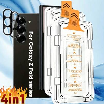 适用于三星 Galaxy Z Fold 7/ Z Fold 6/ Z Fold 5/ Z Fold 4/ Z Fold 3/ Z Tri Fold 的 4 合 1 魔盒屏幕保护膜套装，包含 2 张正面钢化玻璃膜和 2 张摄像头镜头保护膜，一步式无尘贴合，高清透明。