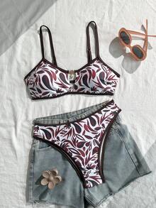 Ensemble de bikini à imprimé floral contrasté rouge et noir pour femmes, avec bordure marron foncé et décoration métallique ajourée à l'avant. Convient pour les vacances, la natation, la plage, les croisières et autres occasions - Marron - Voir 3