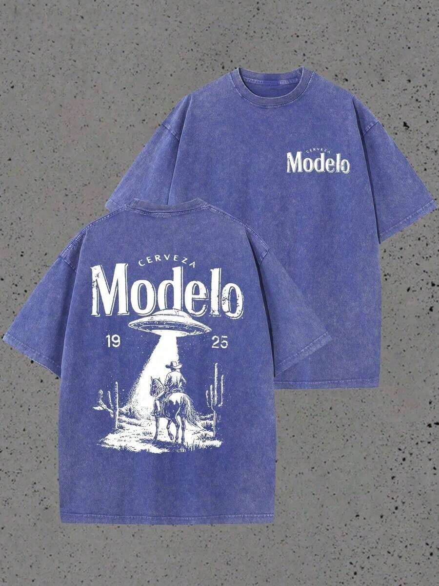 Graphic Tees Men Double Sided Washed Printing Modelo UFO Cowboy Graphic Water Washed T-Shirts, Round Short Sleeved Tees, Summer Street T-Shirts, Holiday Gifts Ropa De Hombre Summer Clothes Summer Summer Tops - 寶藍色 - 查看 1