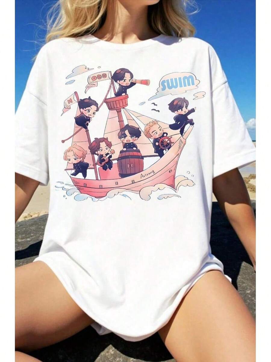 Children White Basic T-Shirt Unisex Boys Bangtan Boys Inspired Short Sleeve Casual Top, B-Ts, B-Ts Shirt, Teen Summer Clothes, Teen Girl Summer Clothe - 白色 - 查看 1
