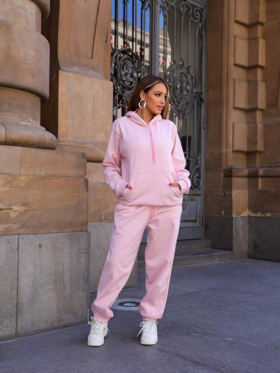 Women's Sweatshirt And Pants Set For Cold Weather, Winter Jacket, Kangaroo Hoodie With Hood, Long Sleeves, Flannel Tracksuit - 淺粉色 - 查看 1