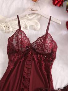 2pcs/Set Women Lace V-Neck Camisole Transparent Nightgown Set, Sexy Lingerie - Redwood - View 6