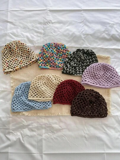 1pc Women's Y2K Cute Casual Style Fashion Contrast Color Hollow Breathable Handmade Knitted Hat, Suitable For Outing, Photography, Daily Wear, Bucket Hat,Summer,Beach