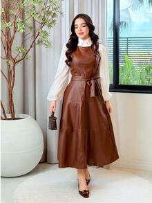 Midi Dress With A Flared, Fitted Waist In Faux Leather. Modest And Elegant Fashion. Conservative/Modest. Suitable For Parties, Casual Wear, Boho, Formal And Evening Wear, Office, Everyday Wear, Autumn/Winter. - Rỉ Nâu - Xem 1