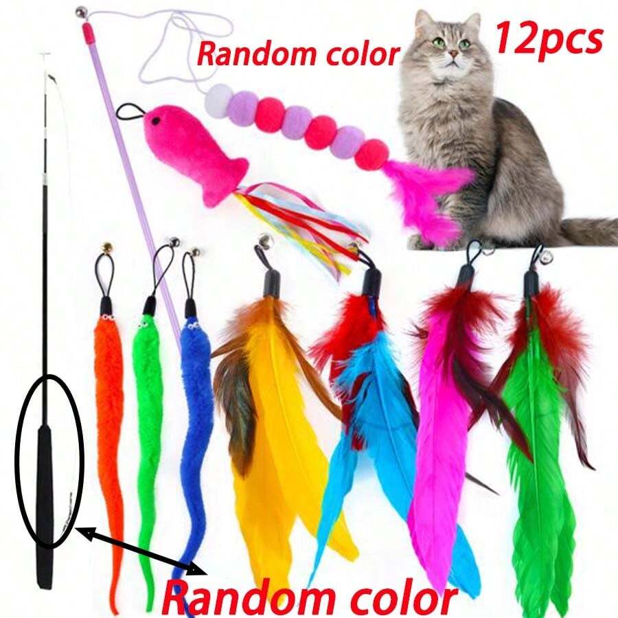12pcs/Set Cat Toy Wand Interactive Set, Pet Cat Toys With Feather Decor, Retractable Bell Replacement Fishing Rod Suitable For All Cats, Random Color - Multicolor - View 1