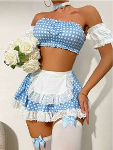 3 Pieces Set Blue White Checkered Bandeau Maid Uniform Set, Sexy Lace Apron Sleeve Loungewear, Pure Desire Sweet Girl Pajamas, Popular Atmosphere Home Wear, French Retro Lolita Style, Date Outfit, Photogenic, Pure Desire Top, Sexy Lingerie, Maid Cosplay, Role Play, Sexy Nightdress, Home Wear Set - 藍色 - 查看 1