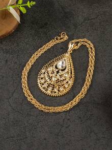 1件摩洛哥风格女士项链吊坠，水滴形雕刻水钻宝石新娘项链，60厘米长链，夏季，珠宝 - 金色 - 查看 11