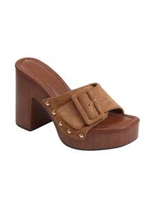 Women's Brown Raffia Woven Platform Mules With Buckle Detail & Gold Studs, Chunky Wooden Heel Open Toe Slides Sandals For Summer Vacation Y2K Fashion - Màu Khaki - Xem 8