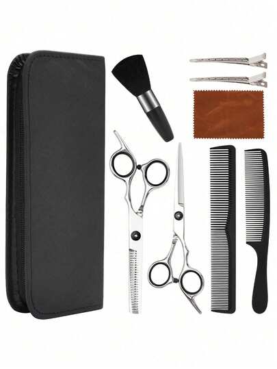Bộ 9 món kéo cắt tóc, kéo cắt tóc bằng thép không gỉ, lược, kẹp, bàn chải mềm, dụng cụ tạo kiểu tóc.