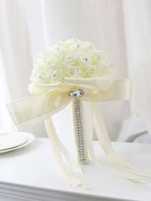 1pc - Simulated Hand-Held Flowers, Creatively Designed Ribbon Rose Bouquets, Bridal And Bridesmaid Hand-Held Bouquets, Elegant Wedding Decorations, Wedding Gifts - Multicolor - View 12