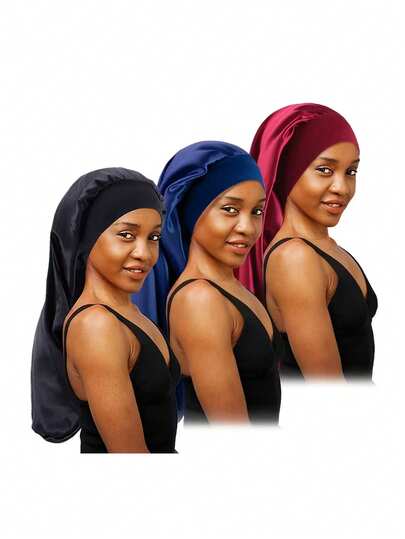 3件套弹力宽檐缎面长款睡帽，美容护发浴帽，夏季沙滩帽