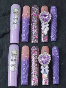 CrystalHola 10pcs Handmade Extra Long Acrylic Square Nail Stickers, Purple Nails, Y2K Style, Ballet Style, Minimalist, Heart Diamond Design, Full Coverage, Removable & Reusable, Durable, Unique Summer Nail Art, Essential Fashion Accessory For Parties & Weddings - Multicolor - View 13