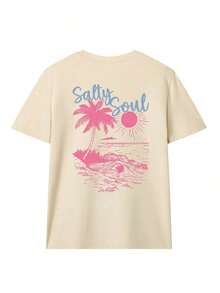 Salty Soul Women's Coconut Tree & Sunshine Print T-Shirt, Spring Summer Casual Round Neck Short Sleeve Top, 100% Cotton, Vacation & Daily - 杏子 4 - 查看 3