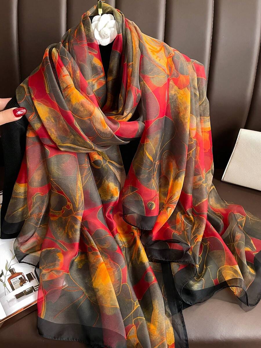 1pc Red Chiffon Scarf For Women, Lightweight Spring Autumn Versatile Artistic Travel Sun Protection Shawl Neck Wrap - Red - View 1