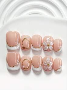 Bộ 10 móng giả kiểu Pháp mềm mại, màu vàng kim, móng dán, trang trí móng bằng ngọc trai nhỏ, trang trí móng hoa 5 cánh thủ công, sơn móng tay màu trắng, phong cách thời trang thanh lịch, bao gồm dụng cụ làm móng (1 miếng dán gel + 1 dũa móng), 3 kích cỡ: vuông, vuông ngắn, hạnh nhân, phù hợp cho tiệc tùng, sử dụng hàng ngày, chụp ảnh, phụ kiện làm móng mùa xuân/hè. - Nhiều màu - Xem 12
