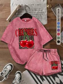 Soft & Comfy Two-Piece Women's Leopard Print Letter Cherry T-Shirt And Shorts, Casual Short-Sleeved T-Shirt And Shorts, Women's Four-Season Two-Piece Set, Women's Clothing  Free People Inspired Clothes   Summer Tops - Đỏ - Xem 1