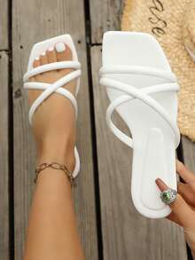 女士白色交叉绑带露趾平底拖鞋，休闲夏季沙滩度假日常穿着 - 白色 - 查看 1