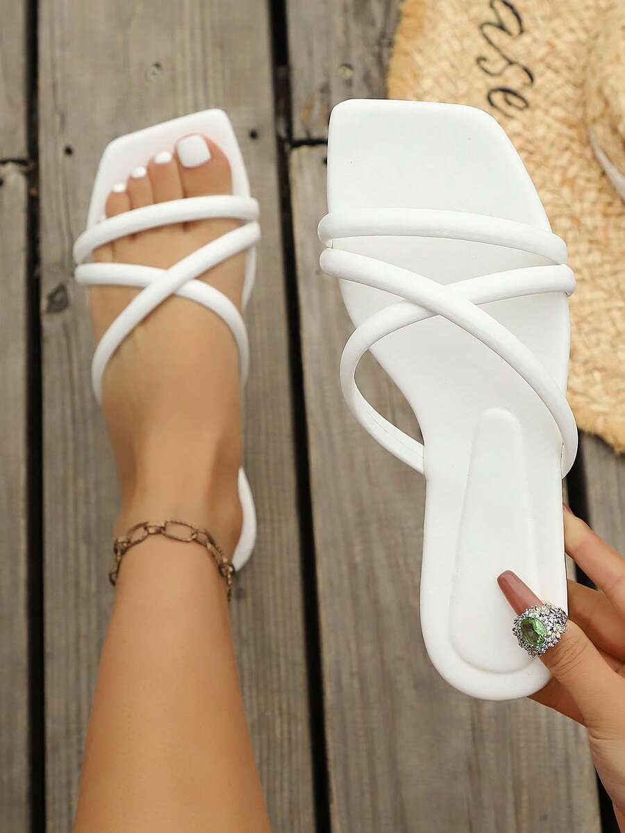 女士白色交叉绑带露趾平底拖鞋，休闲夏季沙滩度假日常穿着 - 白色 - 查看 1