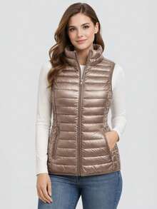 Women's Vest With A Stand-Up Collar, Quilted Vest With A Stand-Up Collar, Lightly Padded With Synthetic Down, Zipper Closure, Elastic Hems, 2 Pockets, Hip-Length, Casual, Spring/Summer - Khaki - View 1