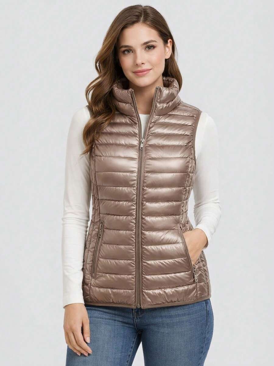 Women's Vest With A Stand-Up Collar, Quilted Vest With A Stand-Up Collar, Lightly Padded With Synthetic Down, Zipper Closure, Elastic Hems, 2 Pockets, Hip-Length, Casual, Spring/Summer - Khaki - View 1