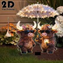 2D Flat Acrylic Illuminated Highland Cow With Umbrella Flower Garden Decor Stake, Outdoor Yard Garden Lawn Decoration, Ideal Gift For Friends, Garden & Lawn Decor - 520 - View 2