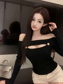Áo len dệt kim co giãn, khoét lỗ, kiểu dáng thanh lịch, hàng mới về mùa xuân/hè, thích hợp mặc trong. - màu đen - Xem 1
