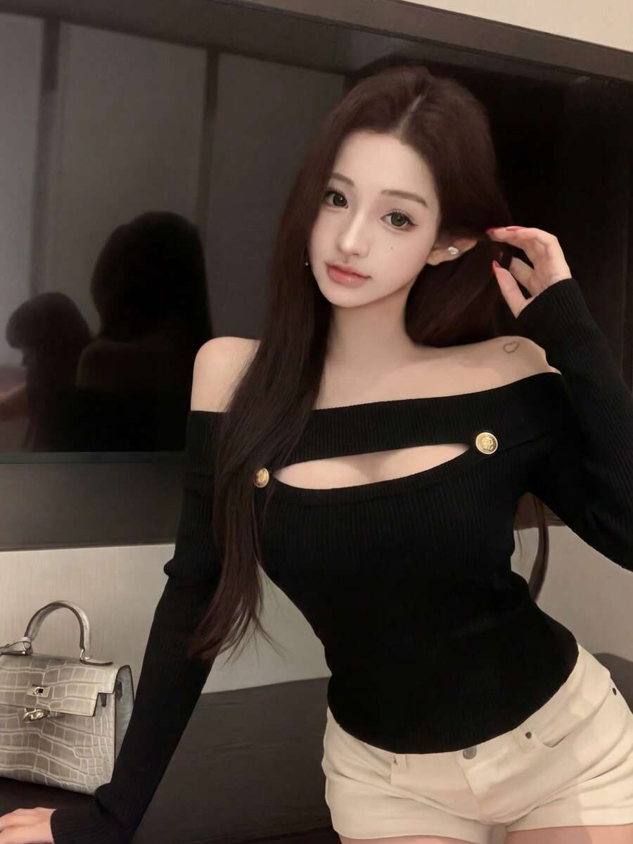 Áo len dệt kim co giãn, khoét lỗ, kiểu dáng thanh lịch, hàng mới về mùa xuân/hè, thích hợp mặc trong. - màu đen - Xem 1