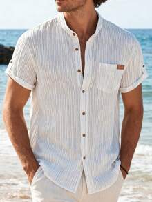 Men's Casual Fashion Shirt, Skin-Friendly Soft Minimalist Unique Style, Adjustable Sleeve Cuff Men's Polo Shirt - White - View 3