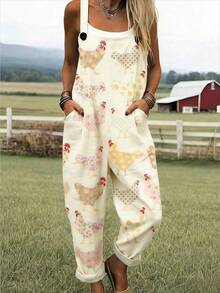 Farm Rooster And Floral Print Women's Adjustable Strap Jumpsuit, Polyester, Lightweight And Breathable, Women's Clothing, Regular Women's Clothing, Women's Jumpsuits And Rompers, Women's Jumpsuit, Women's Plus Size Jumpsuit - 彩色 - 查看 1