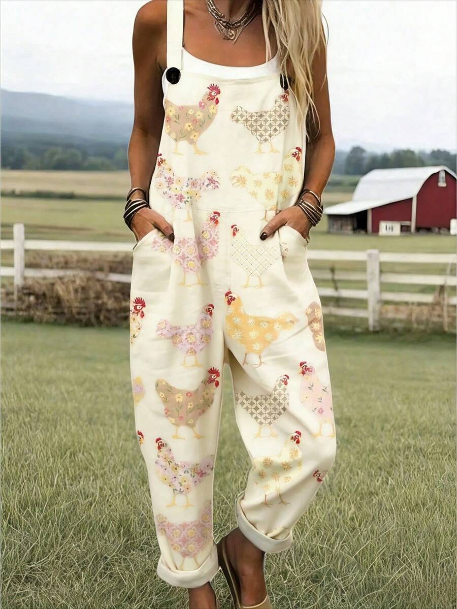 Farm Rooster And Floral Print Women's Adjustable Strap Jumpsuit, Polyester, Lightweight And Breathable, Women's Clothing, Regular Women's Clothing, Women's Jumpsuits And Rompers, Women's Jumpsuit, Women's Plus Size Jumpsuit - 彩色 - 查看 1