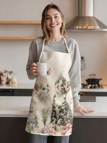 1 pieza, Delantal de poliéster con patrón de gato lindo, adecuado para cocinar, hornear y jardinería - se puede usar como atuendo para la cocina y el comedor. - Multicolor - Ver 7
