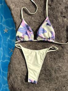 女士夏季度假泳装系列，热带度假风紫色粉色花卉印花细肩带三角比基尼，搭配高腰三角泳裤两件套，性感修身，遮盖小腹，甜美少女风比基尼套装，时尚泳装，适合海滩度假和拍照 - 彩色 - 查看 9