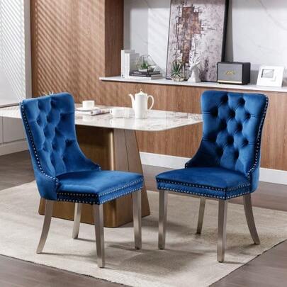Nikki Modern High-End Collection Solid Wood Quilted Velvet Upholstered Dining Chairs, Stainless Steel Chair Legs, Decorative Rivets, Set Of Two Handles, Blue, DE1701BL