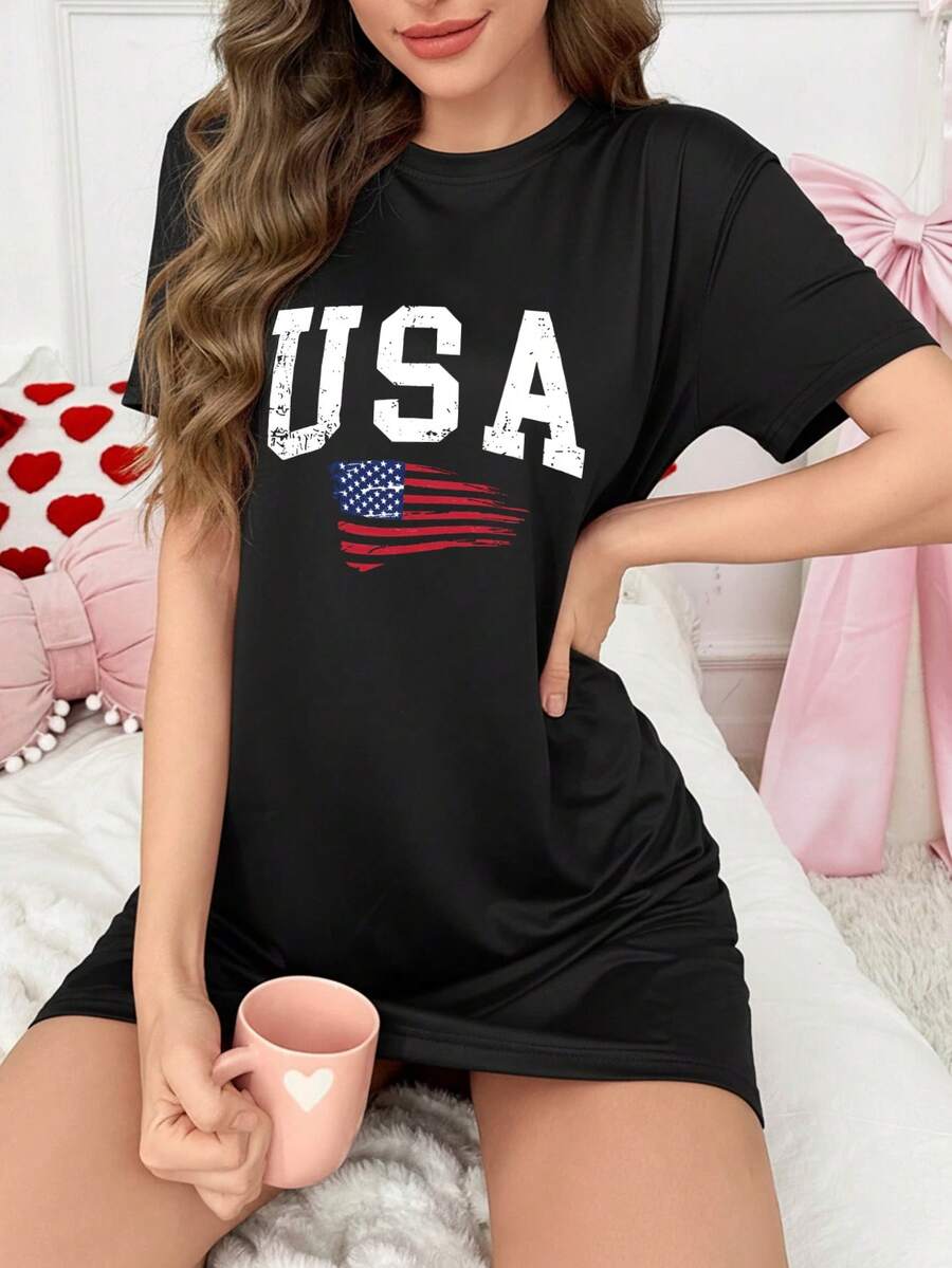 女士柔软短袖睡裙 - 美国国旗图案 | 女士休闲家居服 - 黑色 - 查看 1