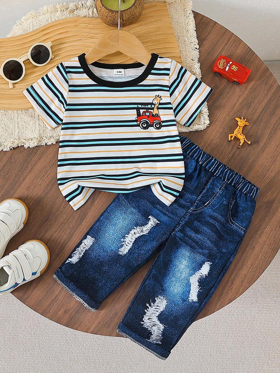 Set de 2 piezas de camiseta de manga corta con estampado de rayas y de coche y jirafa de dibujos animados, y pantalones con estampado tipo denim, para niño/niña, cómodo y ligero para el verano - Multicolor - Ver 1