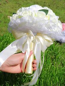 1pc - Simulated Hand-Held Flowers, Creatively Designed Ribbon Rose Bouquets, Bridal And Bridesmaid Hand-Held Bouquets, Elegant Wedding Decorations, Wedding Gifts - Multicolor - View 9
