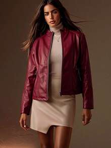 Giolshon Women Faux Leather Motorcycle Jacket - Asymmetric Zipper, Stand Collar, Suitable For Urban Commuting Style, Autumn/Winter Elegant - Red - View 8