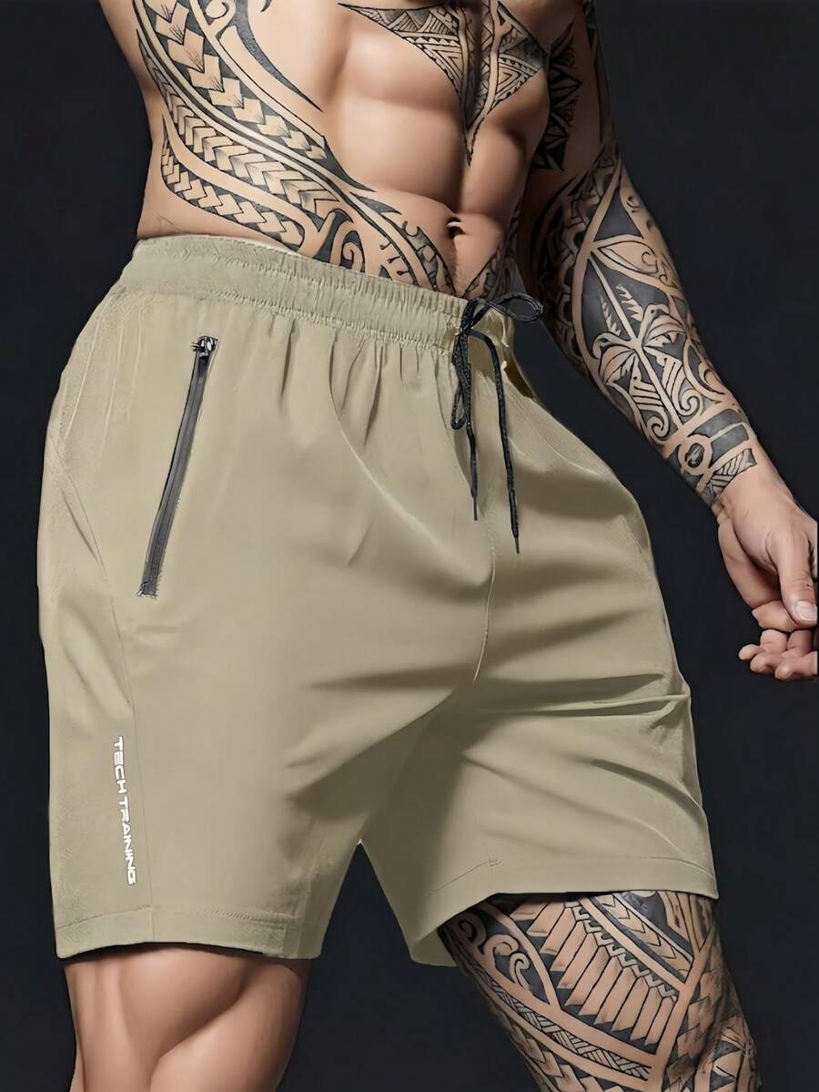 Men's Drawstring Waist Zipper Pocket Casual Everyday Shorts - Khaki - View 1