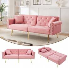 Modern 2-Seater Sofa Bed – Velvet Upholstery, 3-Position Adjustable Backrest & Gold-Plated Metal Feet. Stylish Sofa With Sleeping Function – Space-Saving, Durable, Ideal For Small Rooms. - 粉色 - 查看 4