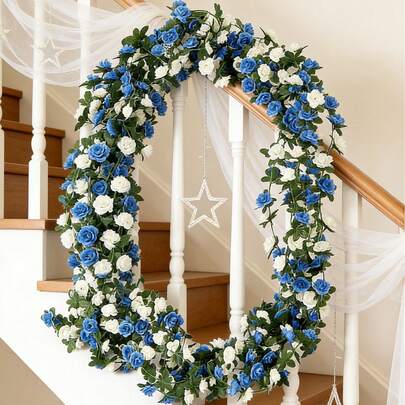 1条250厘米人造垂吊玫瑰藤蔓，人造植物，人造花卉，人造玫瑰常春藤花环，人造丝玫瑰植物，带绿叶背景，适用于场景布置、派对装饰、房间装饰、家居装饰、厨房装饰、婚礼装饰、派对和节日装饰、新年装饰、卧室装饰配件、情人节装饰礼物