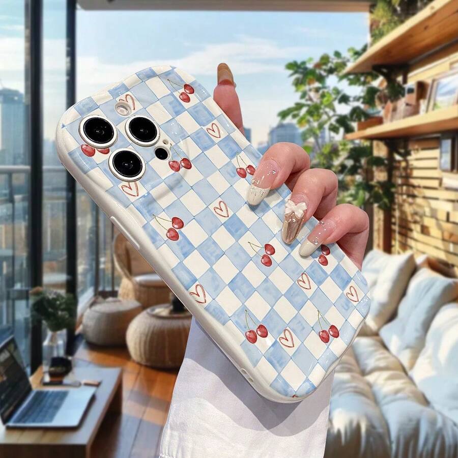 1 chiếc ốp lưng điện thoại thời trang chất liệu TPU màu xanh dương & trắng kẻ caro họa tiết quả anh đào, màu trắng kem, chống sốc, chống trượt toàn thân, tương thích với iPhone, Honor. - Màu be - Xem 1