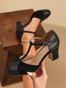 Spring And Summer Style, T-Strap With Openwork Pin Buckle For Easy Wear, Color-Blocked Round Toe, Chunky Heel Rubber Sole, Retro, Elegant And Fashionable,Women's Chunky Heel Mary Jane High Heels, Suitable For Party/Wedding/Christmas/Autumn And Winter/Dating/Vacation/Business/Prom/Concert/Dress/Daily Wear - màu đen - Xem 1
