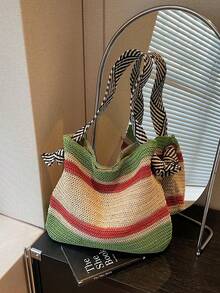 Black & White Zebra Stripe Shoulder Strap Woven Bag, Relaxed Vibe Vacation Beach Casual Shoulder Bag, Versatile Everyday Commute Shopping Tote, Woven Bag For Beach Trip, Student - Green - View 3
