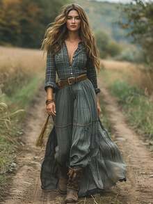 Women's Boho Elegant Deep V Neck Plaid Long Sleeve Button Maxi Dress With Flared Hem, Perfect For Fall Women Clothes - Grey - View 2