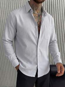 男士灰白条纹衬衫，数码印花长袖纽扣衬衫，现代宽松版型单口袋上衣，都市休闲商务街头风秋季衬衫 - 彩色 - 查看 1