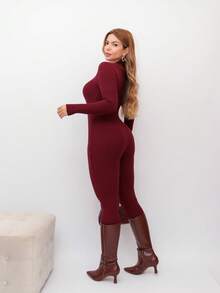 Virginia Ribbed Jumpsuit, Modal Knit, With Front Zipper, Excellent Quality, Women's Jumpsuit, Long Sleeves, Fashion Style. - 酒紅色 - 查看 5