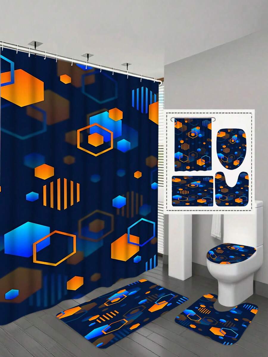 1/4pcs Set Blue Bathroom Accessories, Geometric Pattern Shower Curtain Set, Modern Art Style Shower Curtain With 12 Hooks, Bathroom Rug, Bath Mat And Toilet Mat