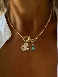 1pc Luxury Heart-Shaped 26 Full Diamond Letter Pendant Necklace, Stainless Steel Chain With Devil's Eye Pendant, Elegant Gift For Women Party - Yellow Gold - View 24