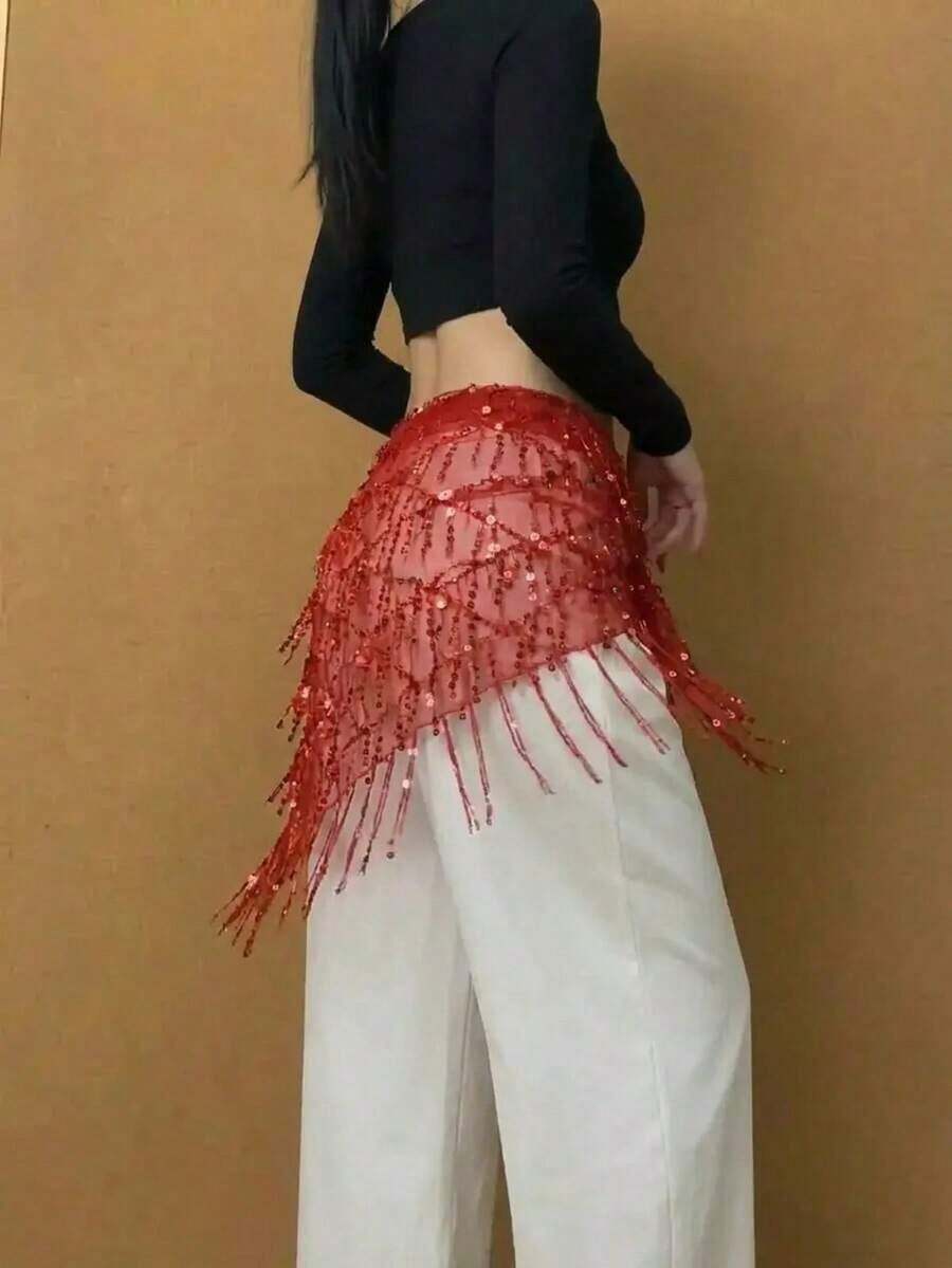 1pc Jazz Dance Waist Chain,Red, Sequin Triangle Scarf For Beginner Hip Scarf Waistband, Street Fashion Accessories, Night Club Party, Festival Celebration, Stage Performance, Shiny Sexy Waist Wrap, Versatile Shawl Drape Summer Fall, Autumn, Halloween - 黑色 - 查看 1